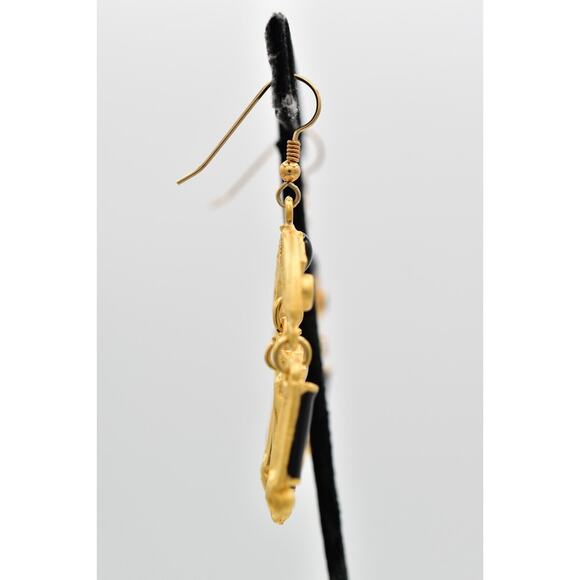 Vintage Dangle Earrings Brushed Gold Black Enamel Heavy Chunky NOS 1980s BinZ - Picture 8 of 12